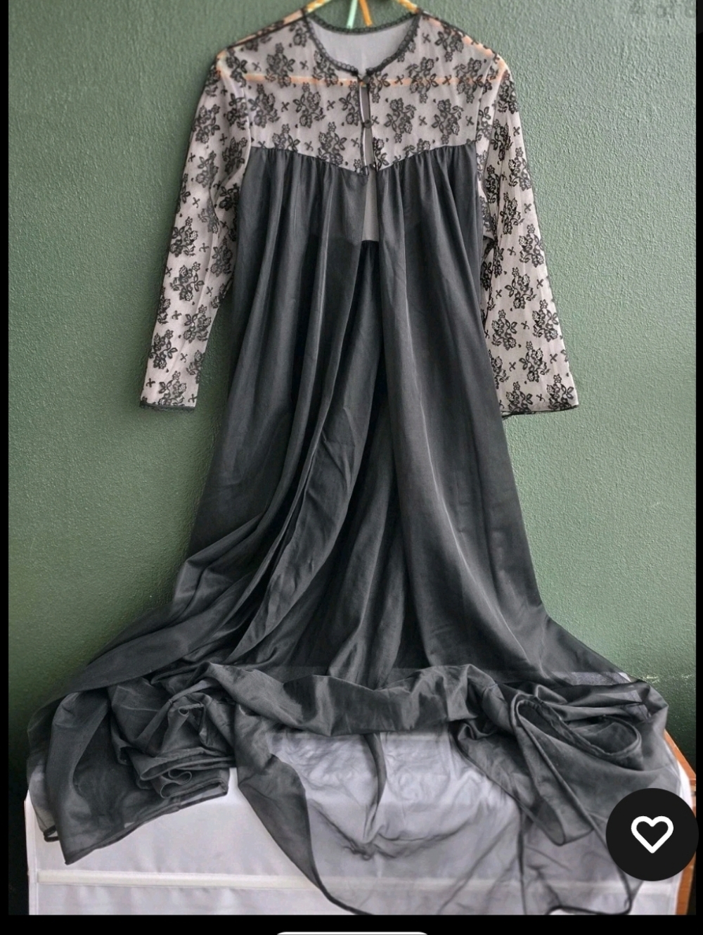 Vintage Gothic Steampunk Sheer Robe Black Chiffon Rose Floral Lace Lingerie Sz M